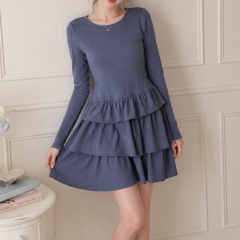 Zesica Long Sleeve Tiered Ruffle Mini‎ Dress Blue Grey Crew Neck Size S L3